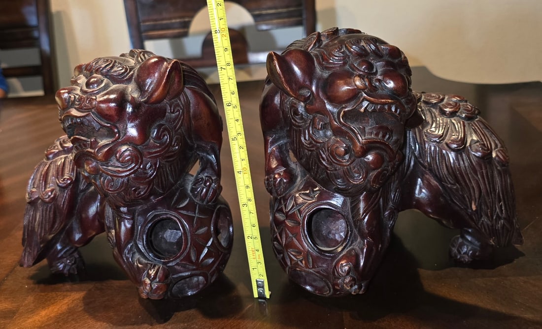 Pair of Carved Wooden Foo Dog Bookends - 3