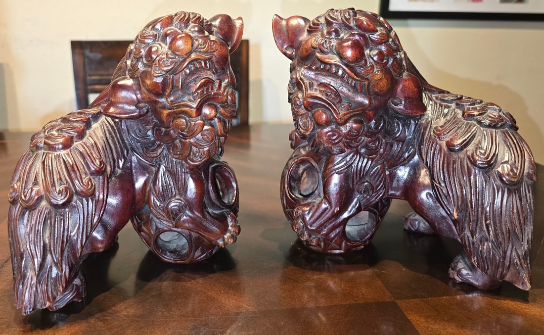 Pair of Carved Wooden Foo Dog Bookends - 4