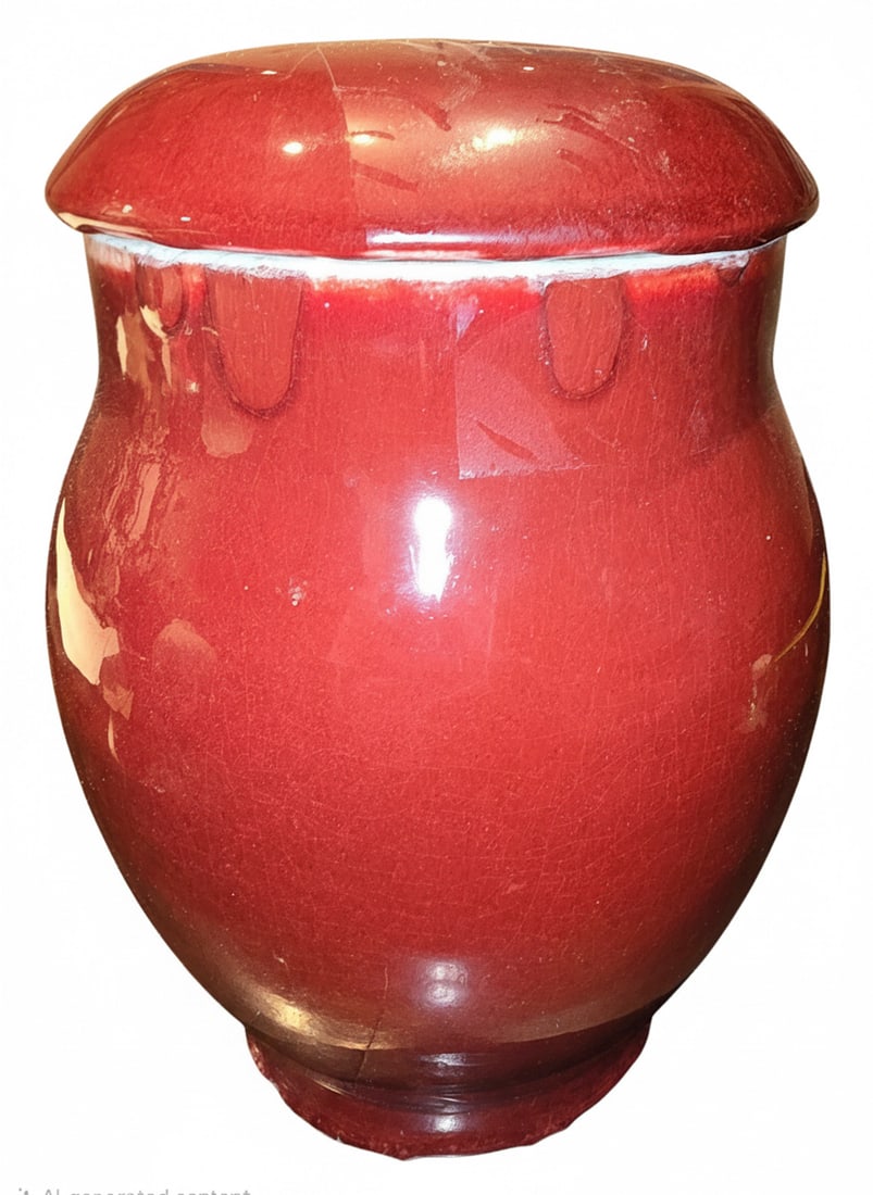 Large Sang de Boeuf Glazed Ginger Jar with Lid: A large, classic ginger jar with a rich sang de boeuf (oxblood) glaze, characterized by its deep red color with subtle variations and crackle finish. The glaze exhibits some drip marks near the top ri
