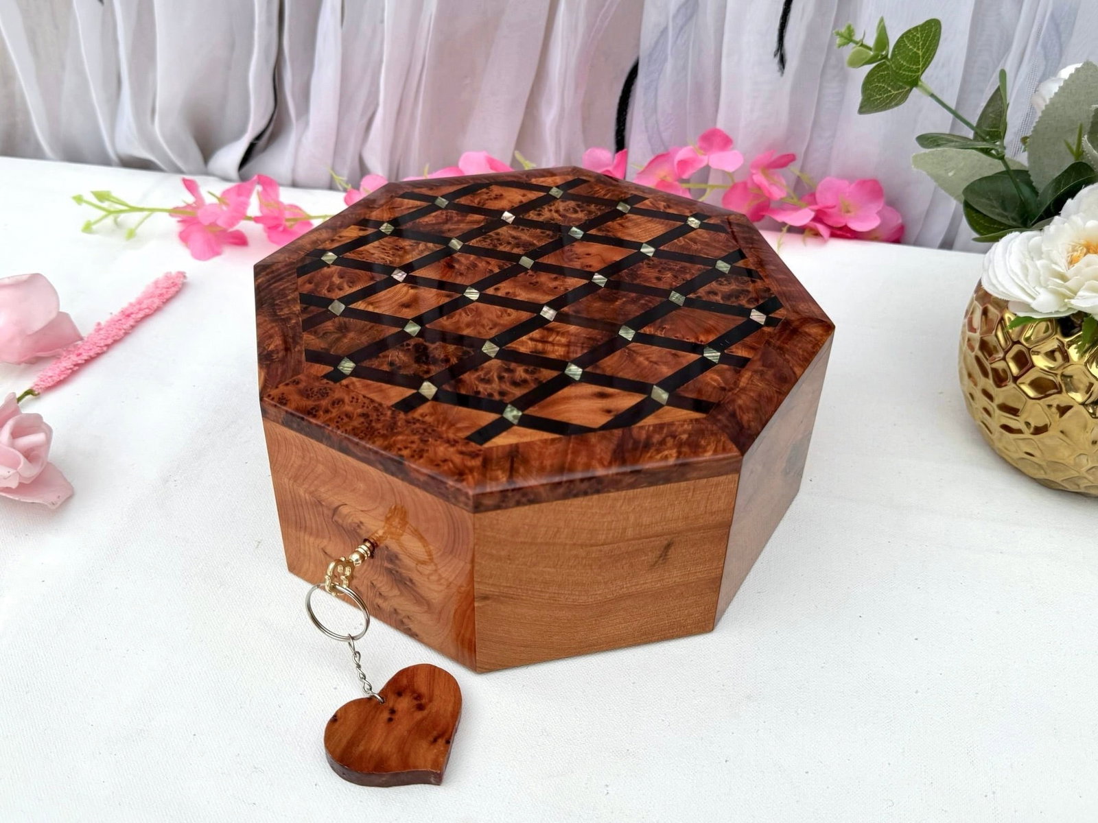 Inlaid Thuya Burl Wood Jewelry Box – 8 × 8" - 3