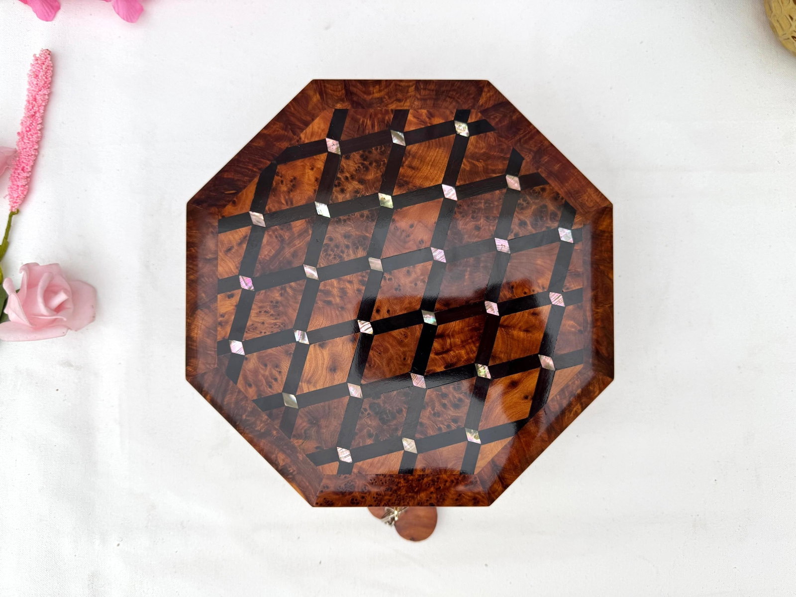 Inlaid Thuya Burl Wood Jewelry Box – 8 × 8" - 9