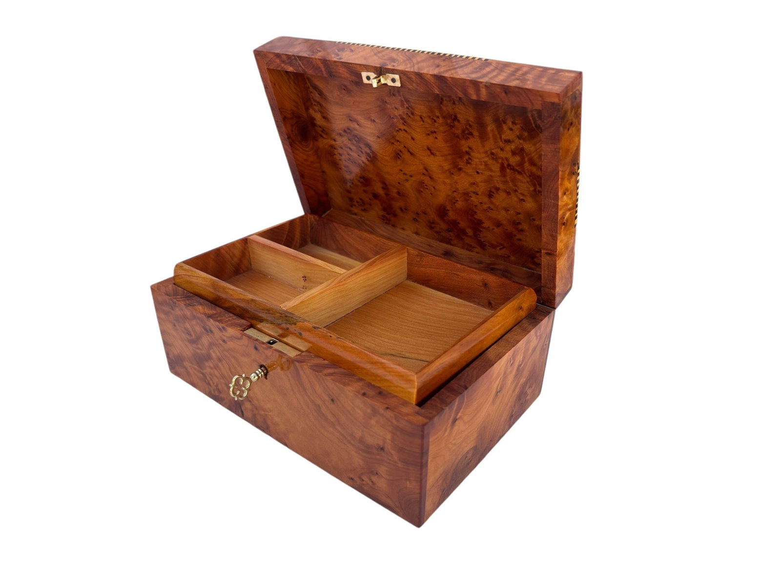 Lockable Thuya Burl Wood Jewelry Box – 8 × 5" - 2