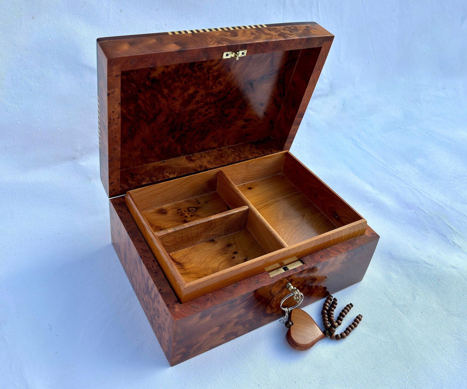 Lockable Thuya Burl Wood Jewelry Box – 9 × 7" - 2