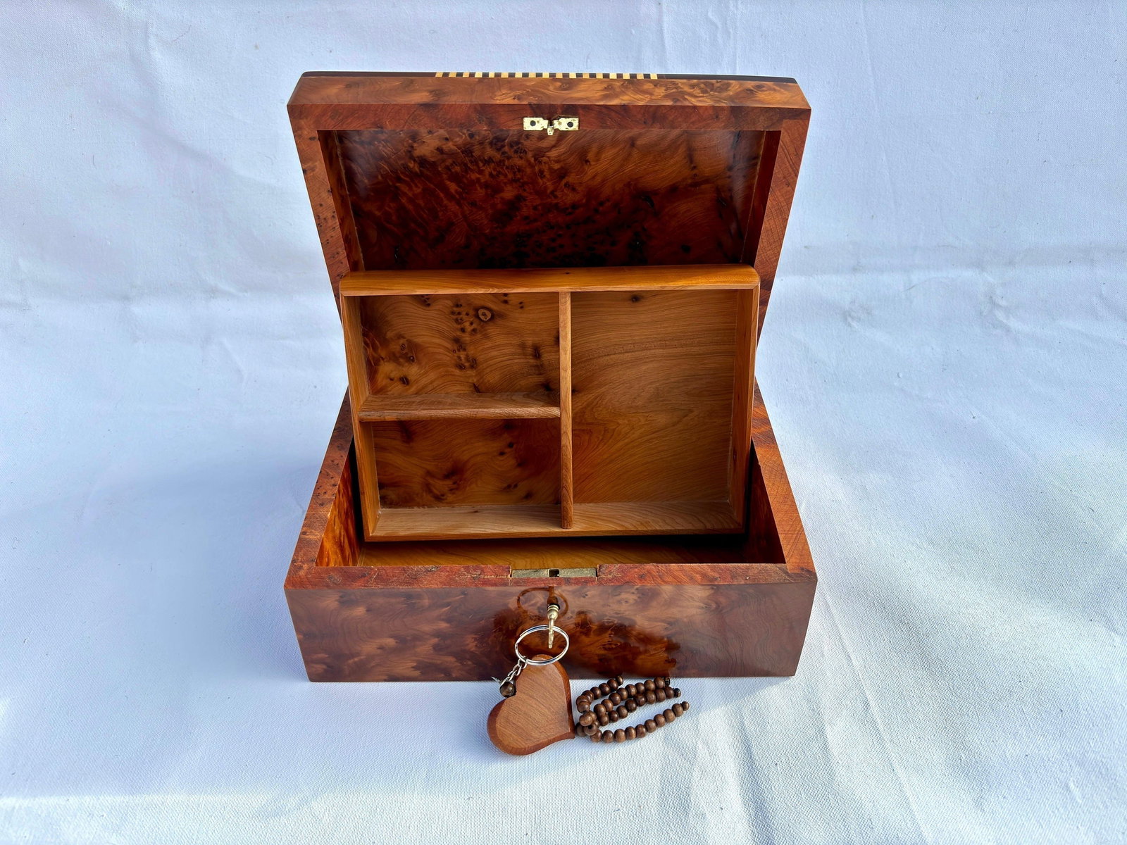 Lockable Thuya Burl Wood Jewelry Box – 9 × 7" - 8