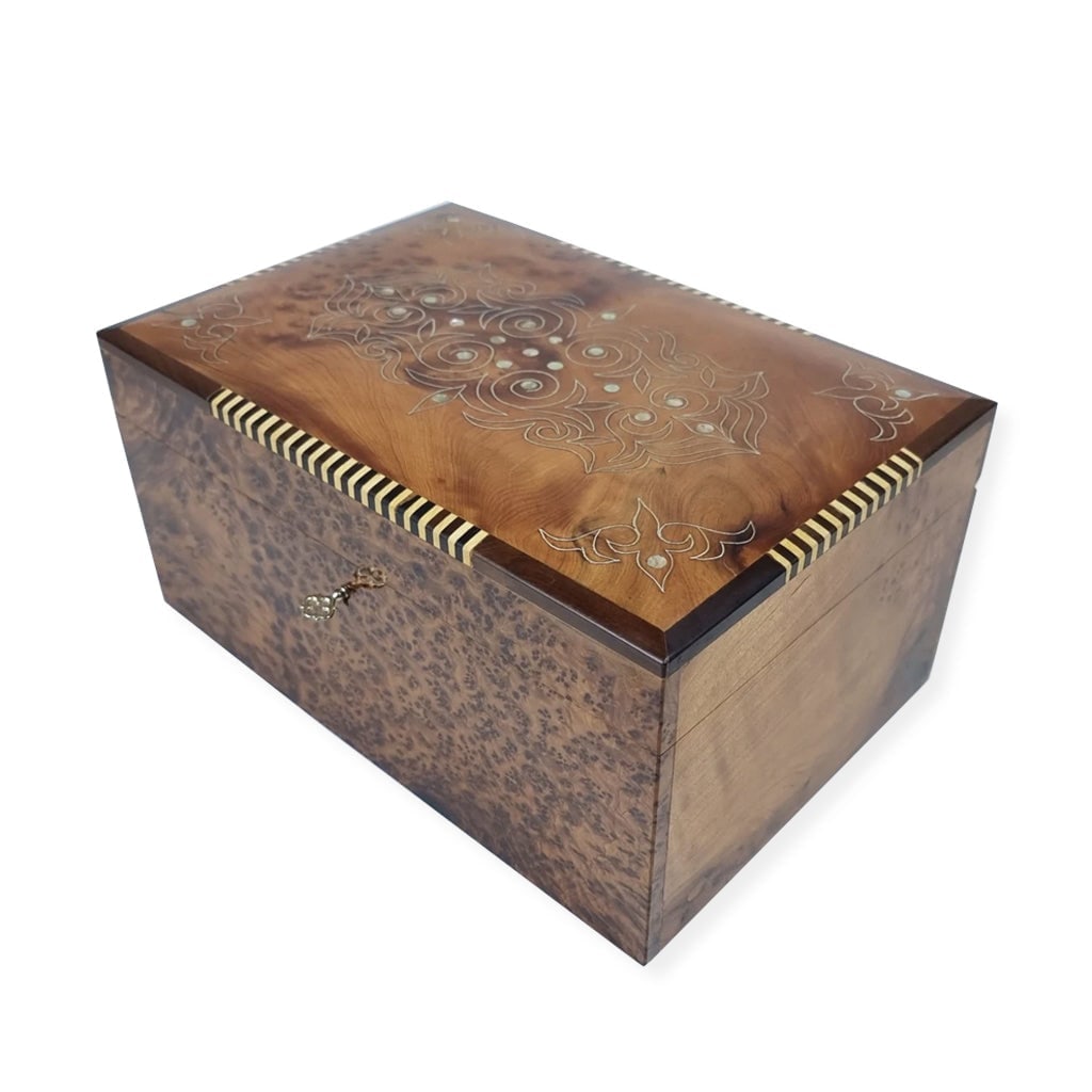 Lockable Thuya Burl Wood Jewelry Box - 2