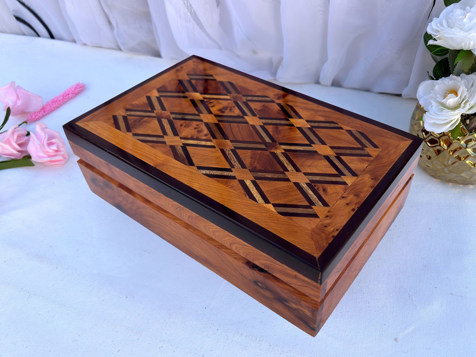 Lockable Thuya Burl Wood Jewelry Box – 8 × 5" - 3