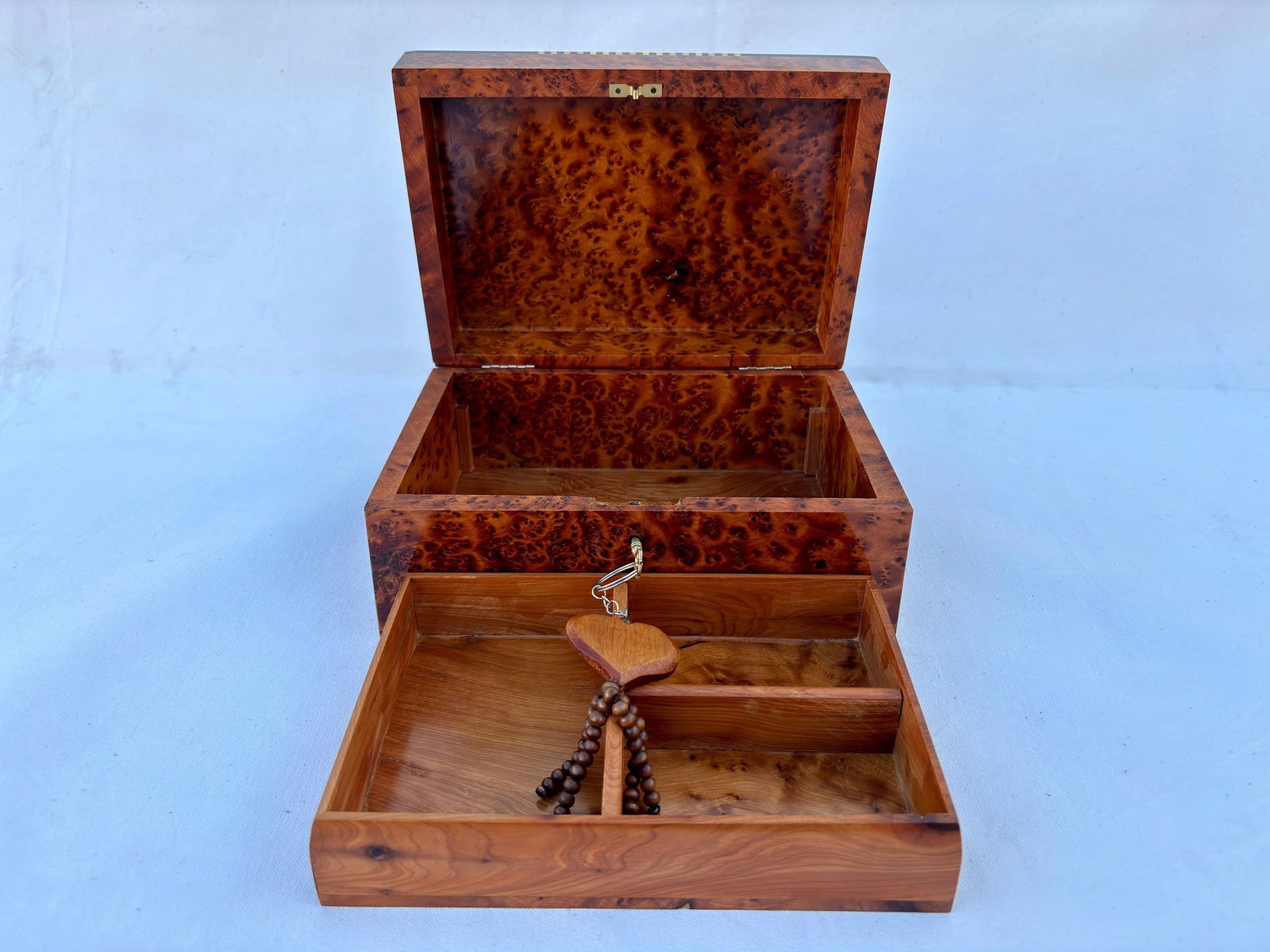 Lockable Thuya Burl Wood Jewelry Box – 10 × 7" - 10