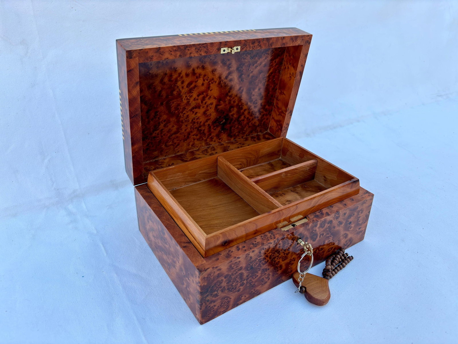 Lockable Thuya Burl Wood Jewelry Box – 10 × 7" - 2