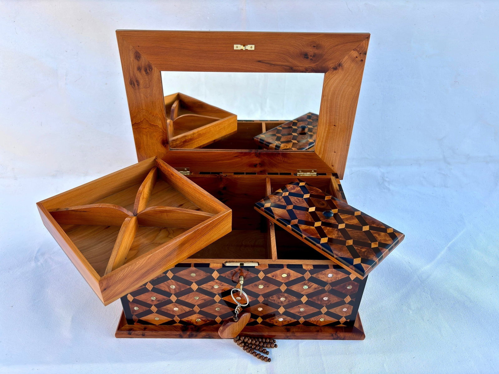 Lockable Thuya Burl Wood Jewelry Box – 12 × 8" - 5