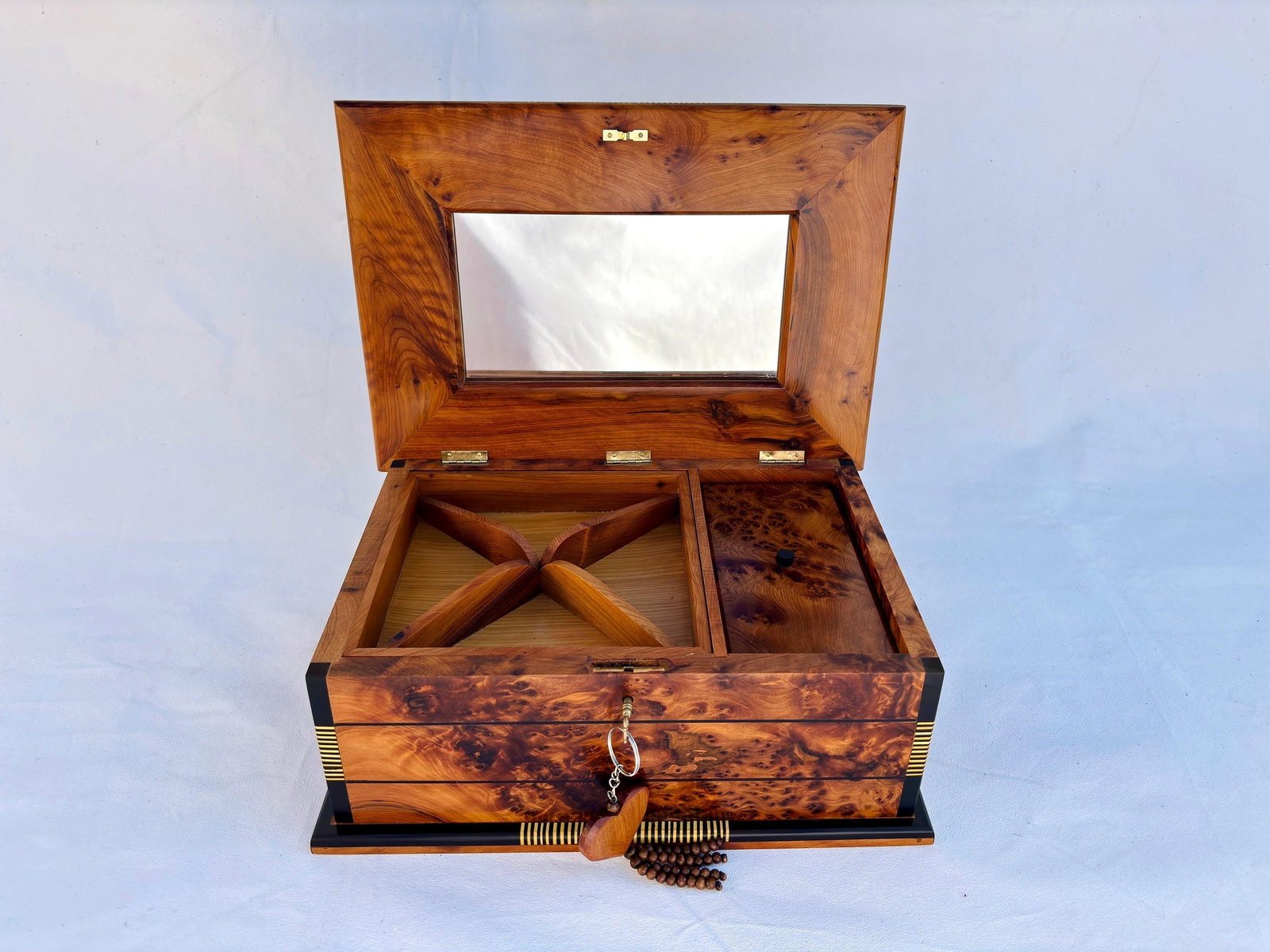 Lockable Thuya Burl Wood Jewelry Box – 13 × 9" - 7