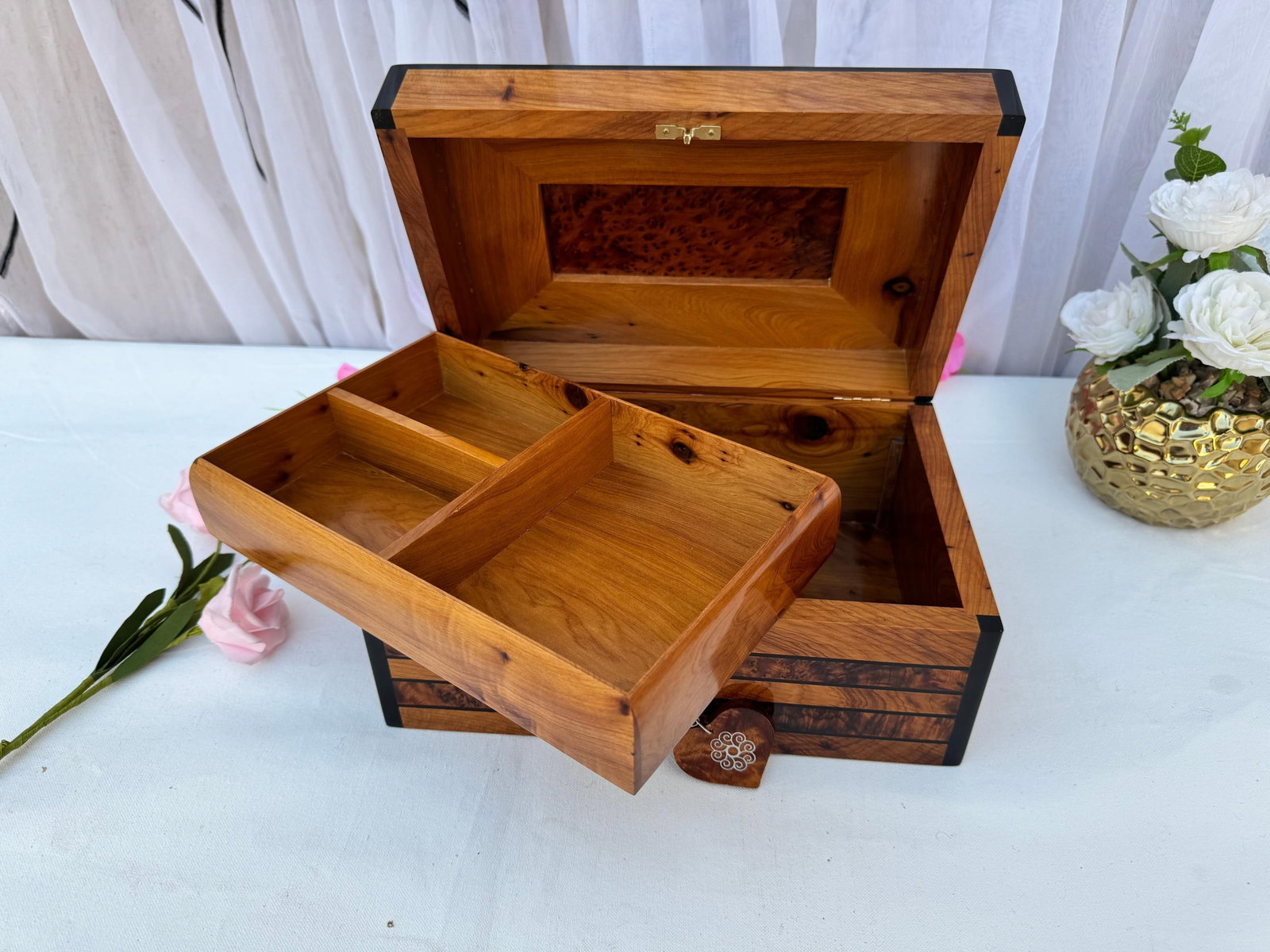 Lockable Thuya Burl Wood Jewelry Box – 10 × 7" - 10