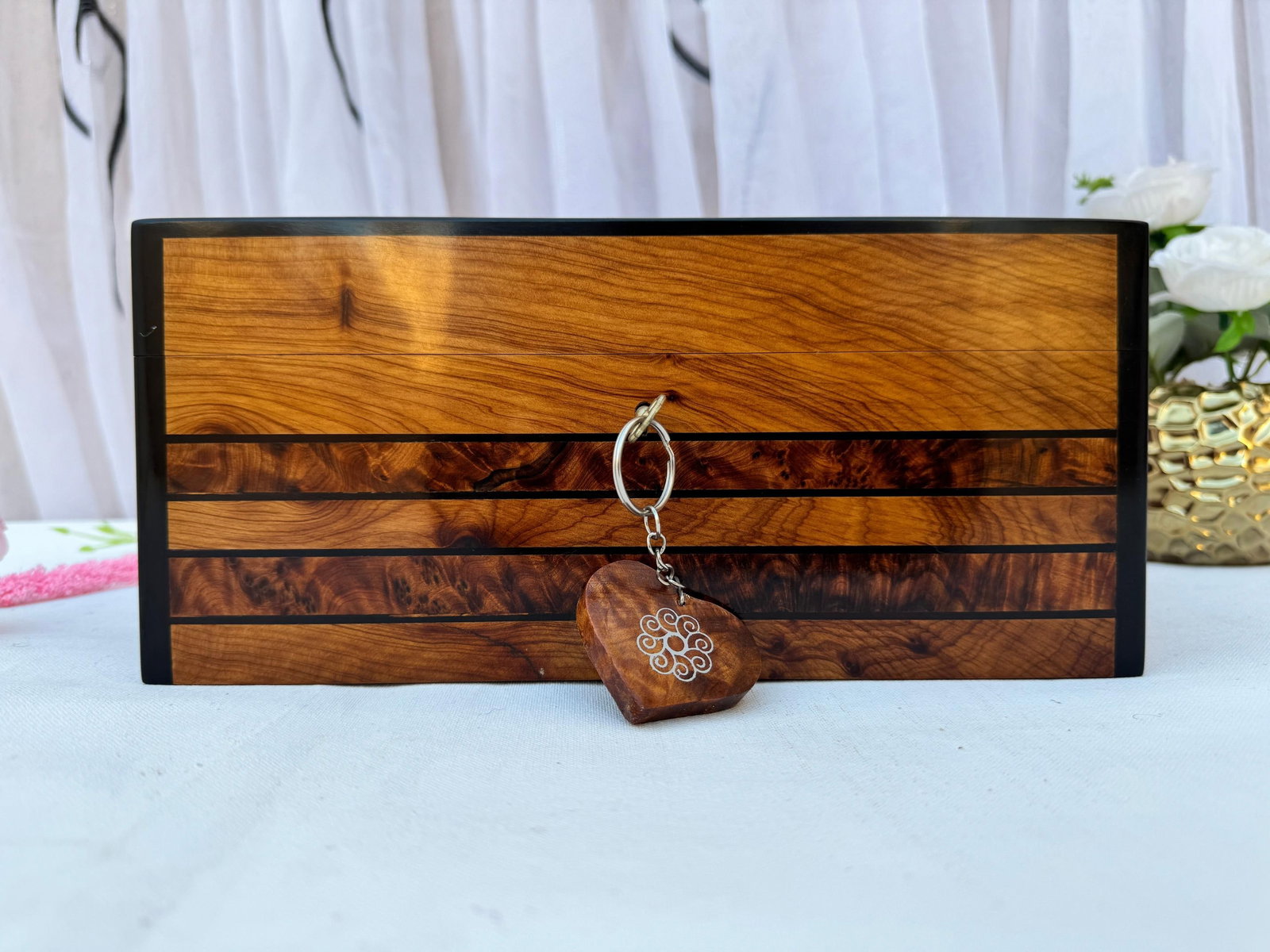 Lockable Thuya Burl Wood Jewelry Box – 10 × 7" - 14