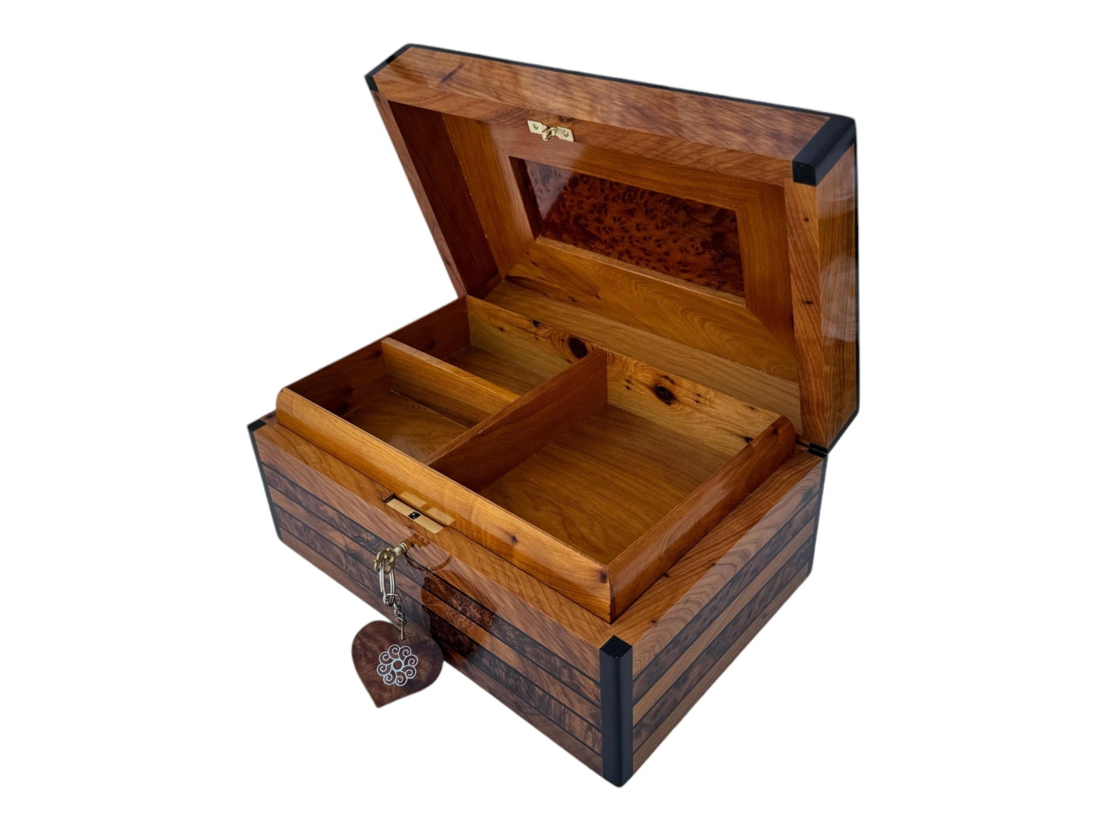 Lockable Thuya Burl Wood Jewelry Box – 10 × 7" - 2
