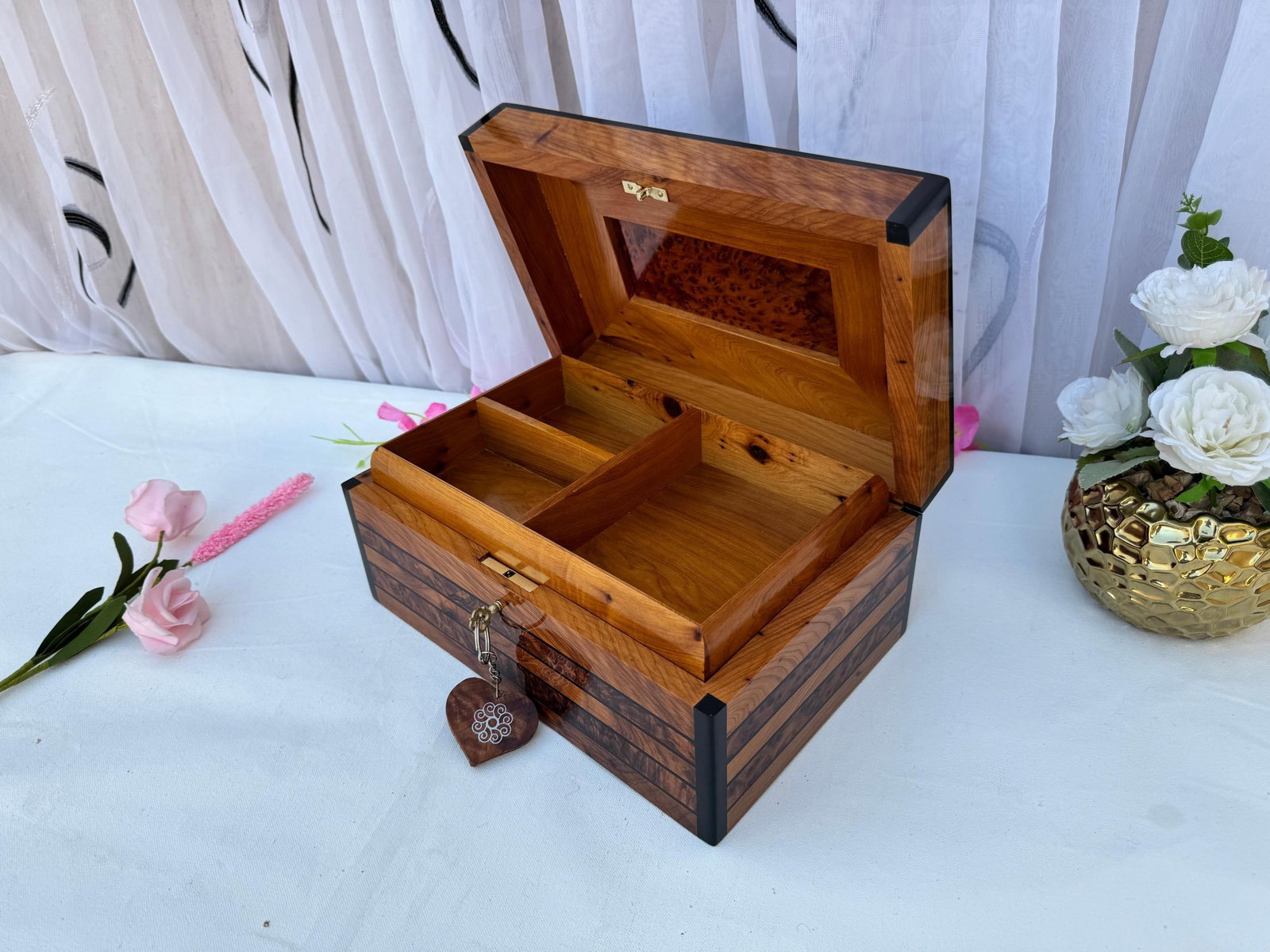Lockable Thuya Burl Wood Jewelry Box – 10 × 7" - 5