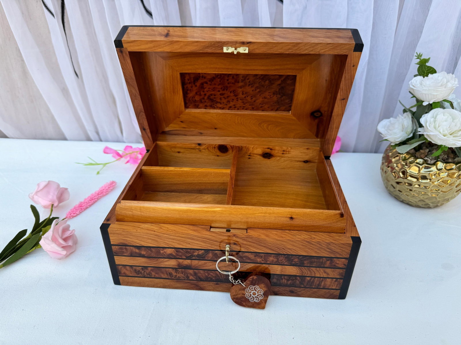 Lockable Thuya Burl Wood Jewelry Box – 10 × 7" - 6
