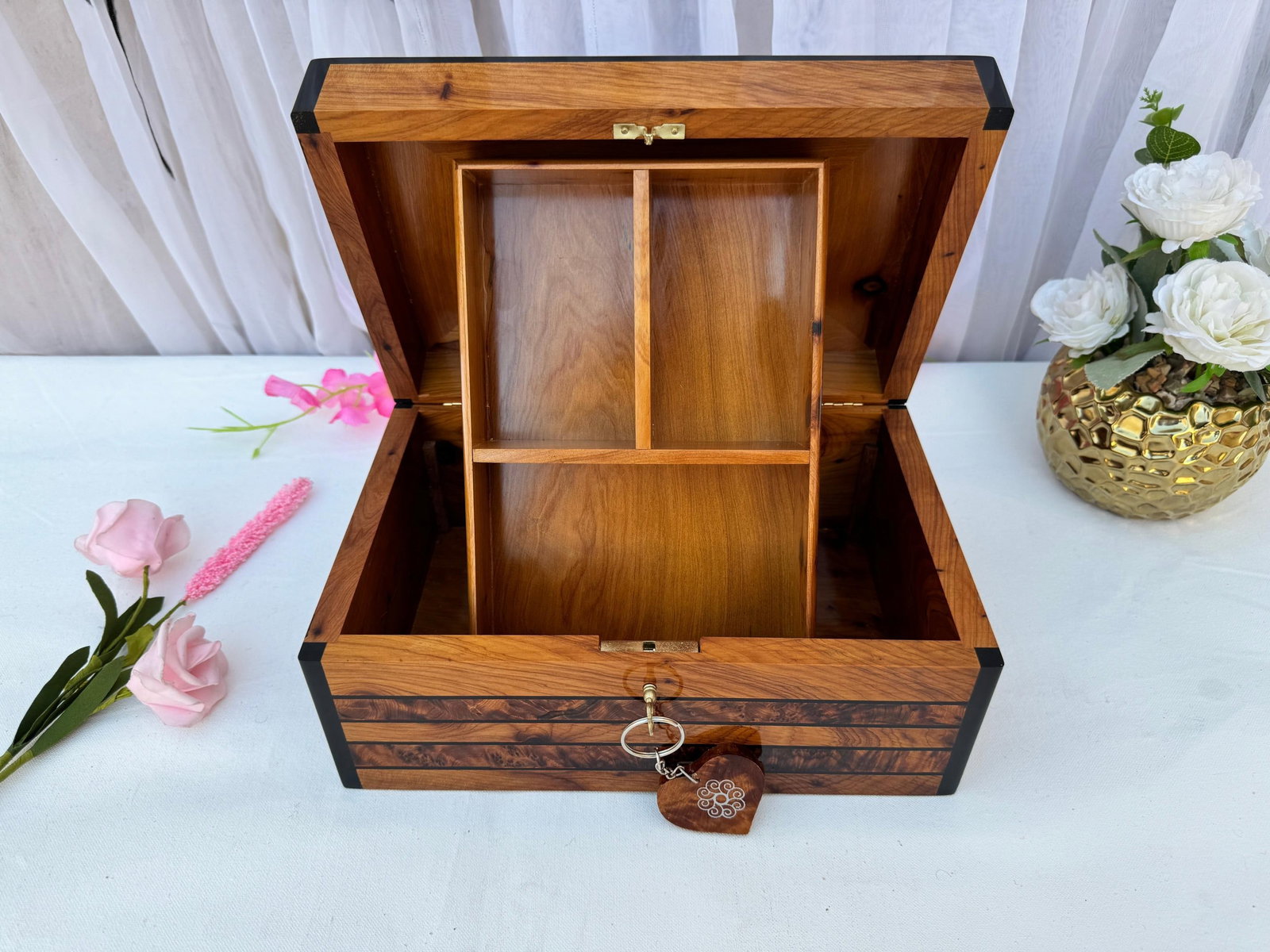 Lockable Thuya Burl Wood Jewelry Box – 10 × 7" - 9