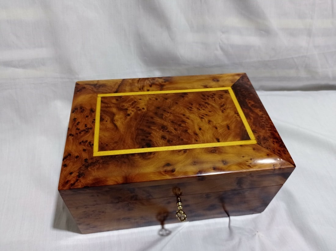 Lockable Thuya Burl Wood Jewelry Box – 9.25" × 6" - 12