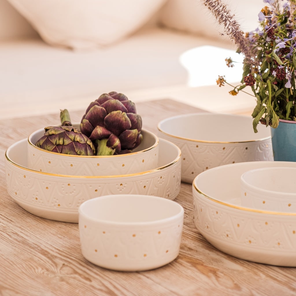 Vintage Handcrafted White Clay Bowl – Real Gold Foil - 12
