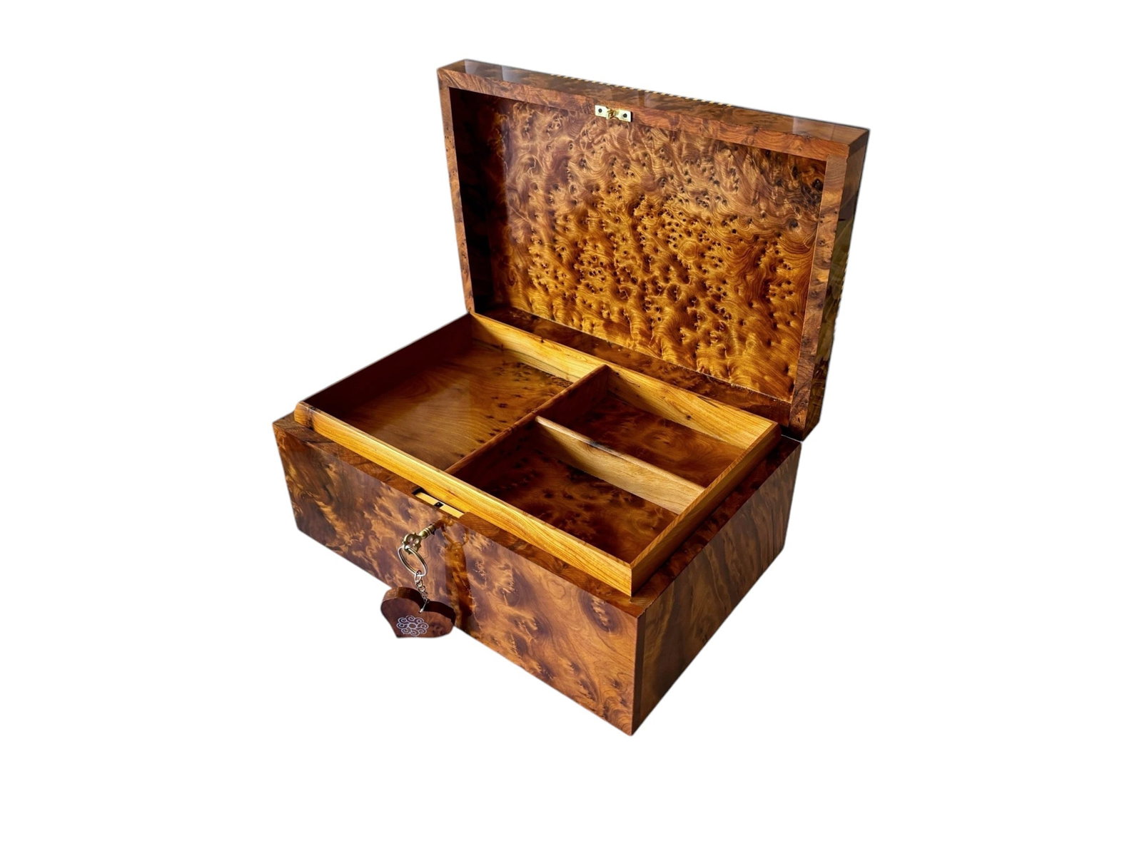 Lockable Thuya Burl Wood Jewelry Box – 12 × 8" - 2