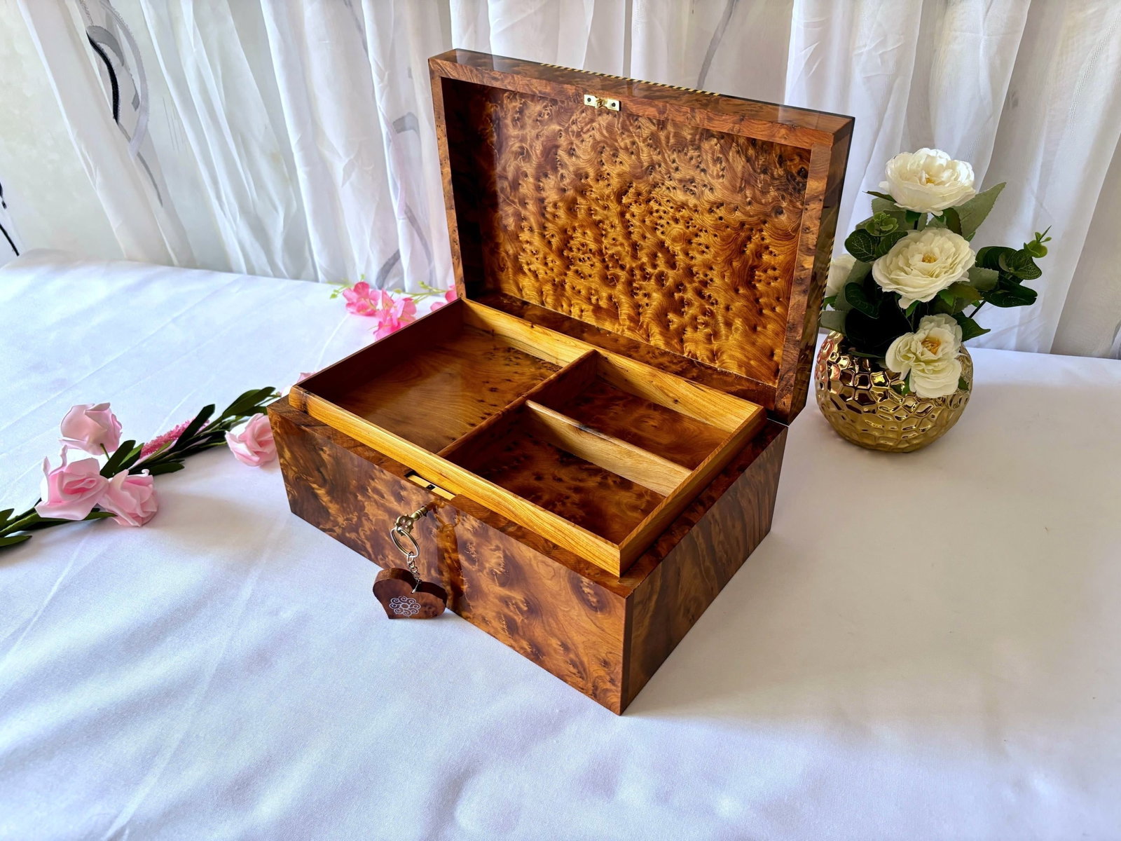 Lockable Thuya Burl Wood Jewelry Box – 12 × 8" - 4