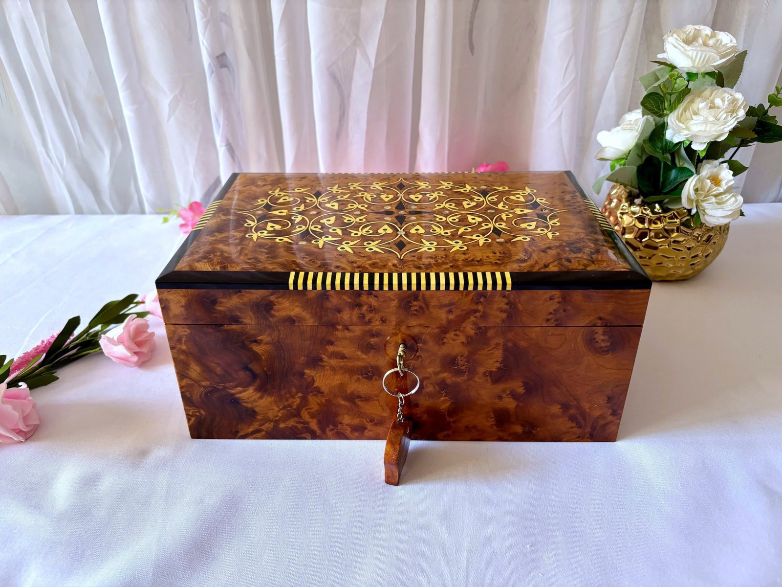 Lockable Thuya Burl Wood Jewelry Box – 12 × 8" - 6