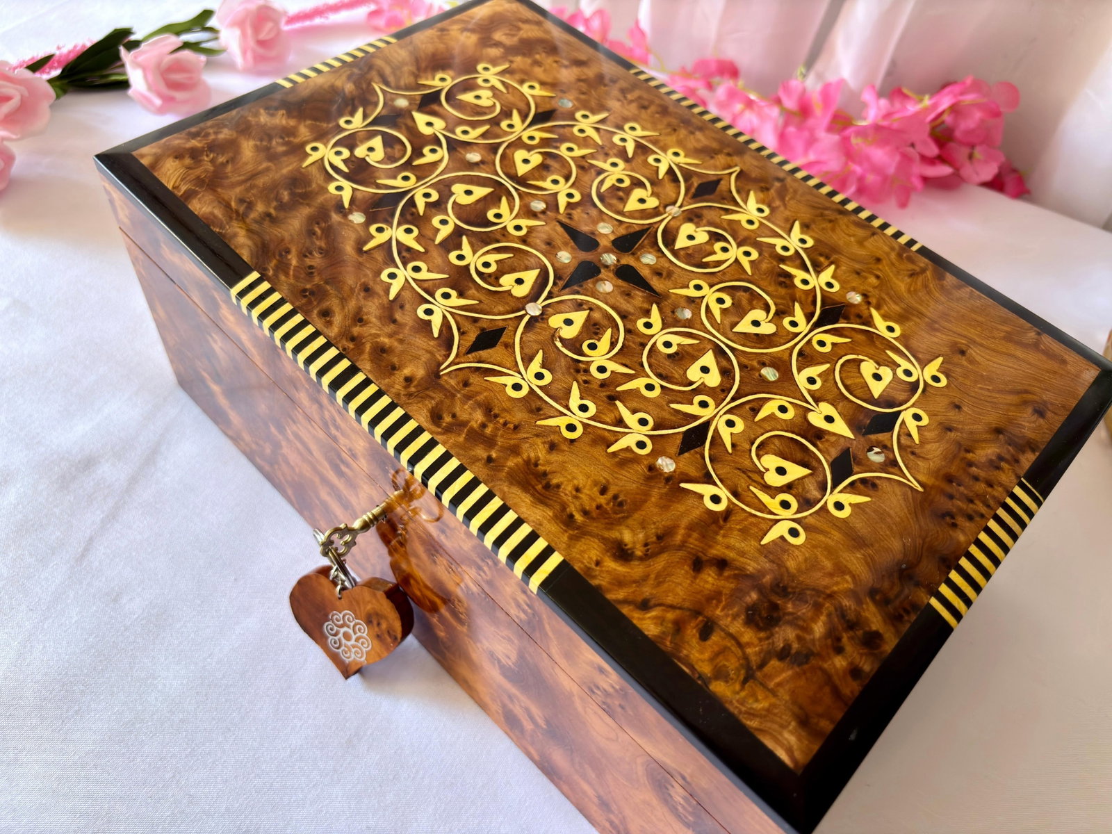Lockable Thuya Burl Wood Jewelry Box – 12 × 8" - 8