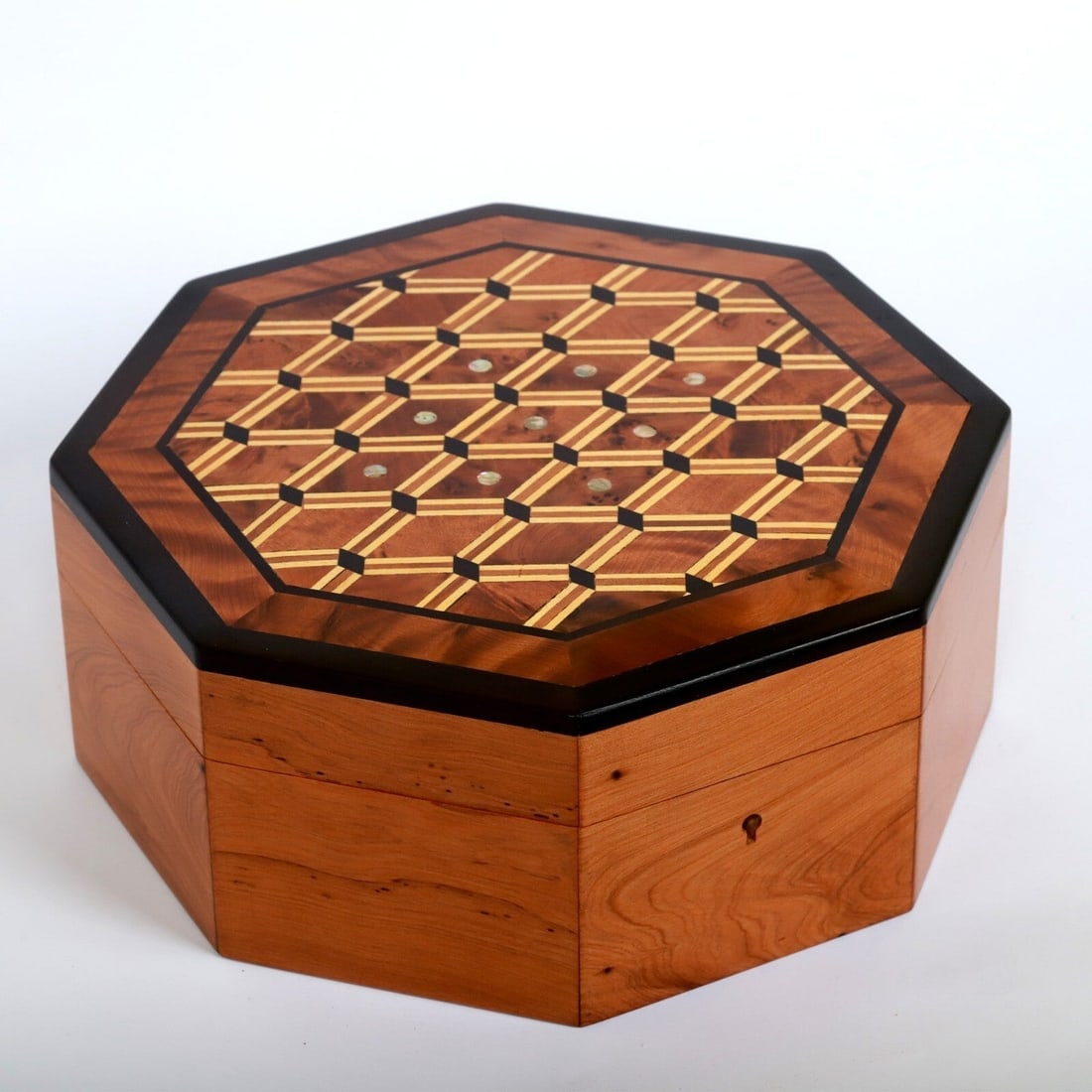 Lockable Inlaid Thuya Burl Wood Jewelry Box – 8.6" × 8.6" × 3.5" - 3