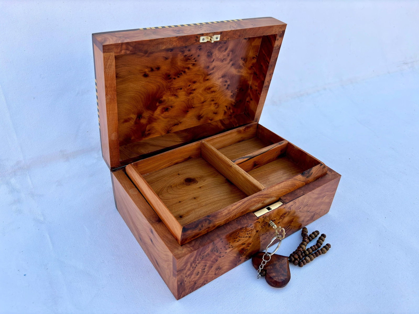 Lockable Thuya Burl Wood Jewelry Box – 9 × 6" - 8