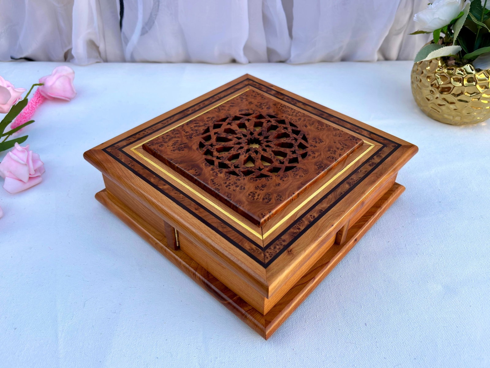 Puzzle Thuya Burl Wood Jewelry Box – 9 × 9" - 6