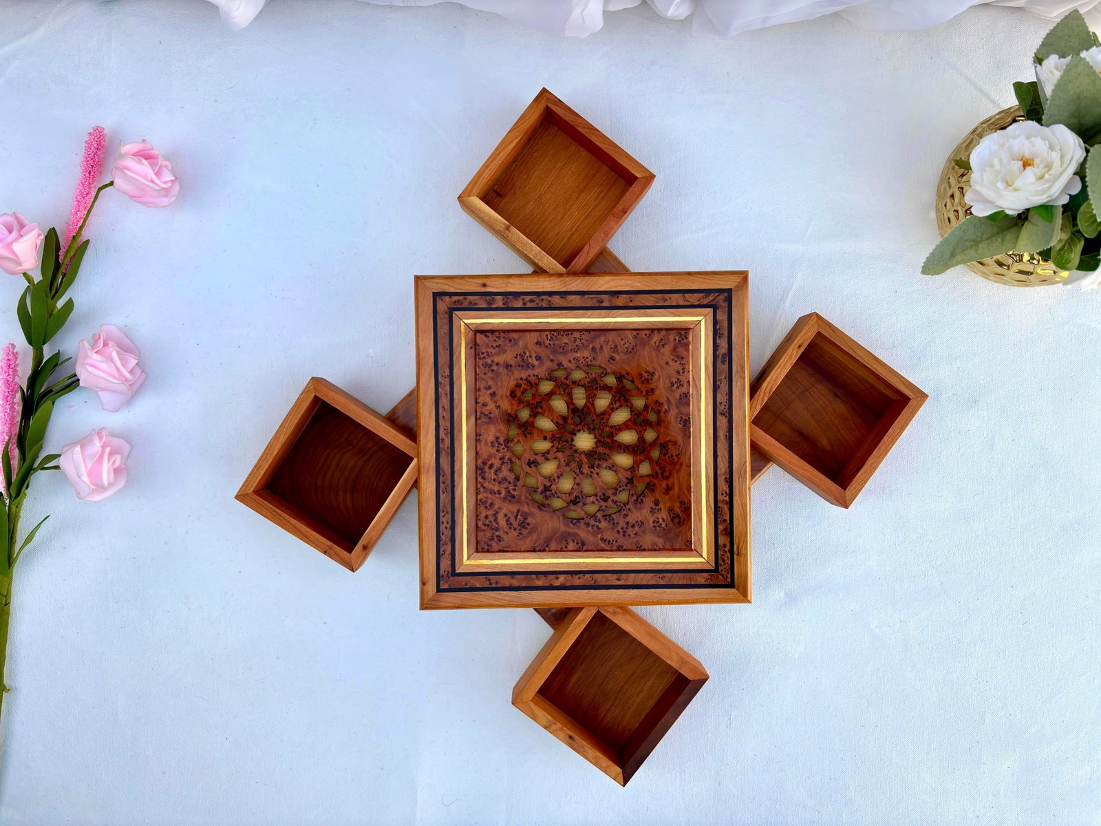 Puzzle Thuya Burl Wood Jewelry Box – 9 × 9" - 9