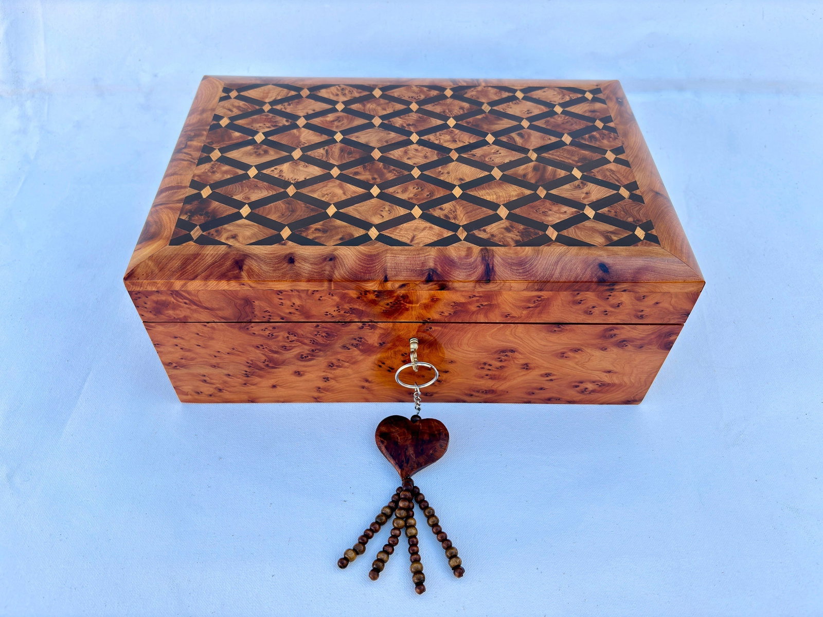 Lockable Inlaid Thuya Burl Wood Jewelry Box – 12 × 8" - 2