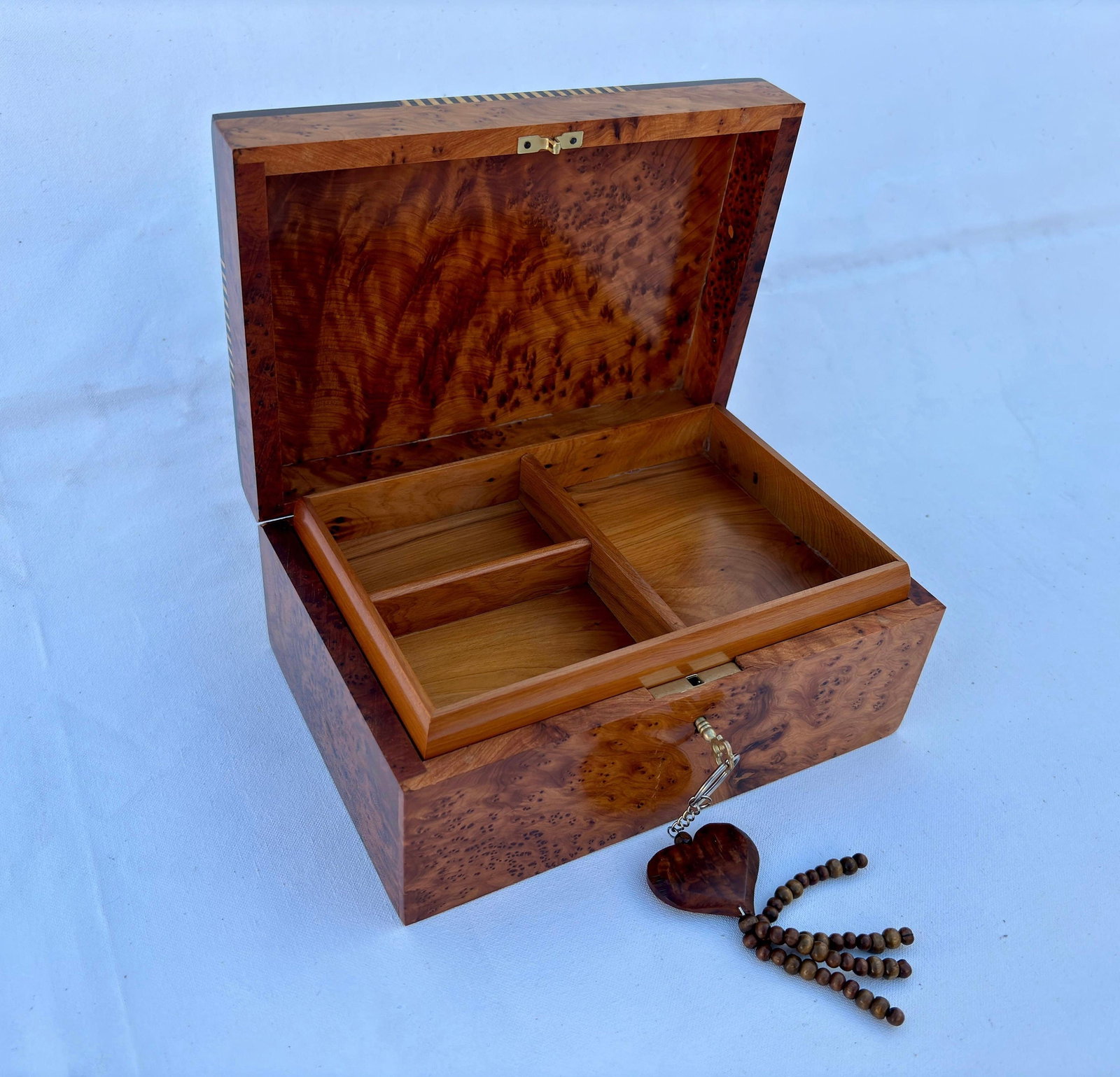 Lockable Thuya Burl Wood Jewelry Box – 9 × 6" - 4