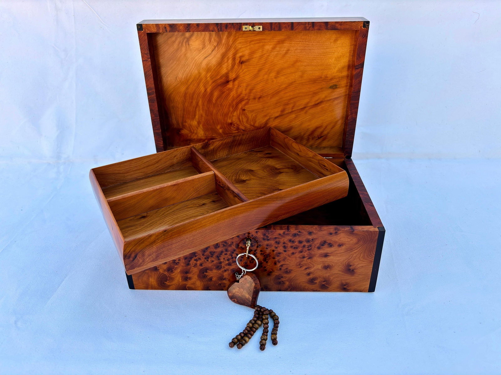 Lockable Thuya Burl Wood Jewelry Box – 12 × 8" - 8