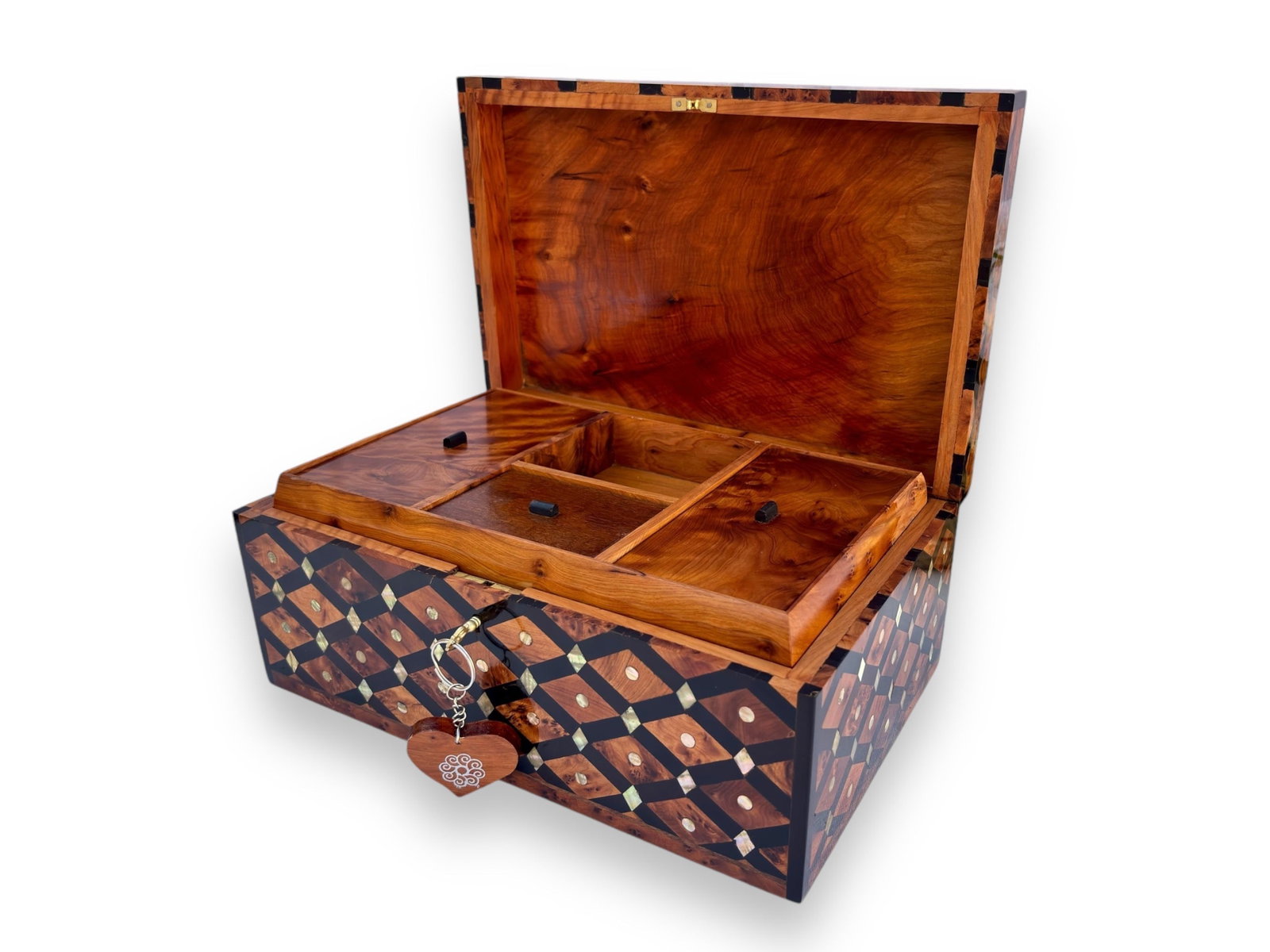 Lockable Thuya Burl Wood Jewelry Box – 12 × 8" - 2