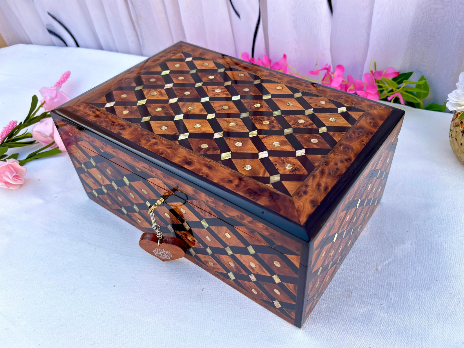 Lockable Thuya Burl Wood Jewelry Box – 12 × 8" - 3