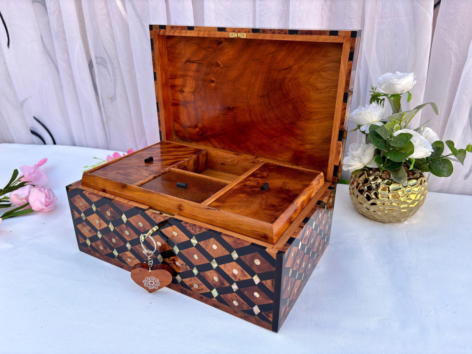 Lockable Thuya Burl Wood Jewelry Box – 12 × 8" - 4