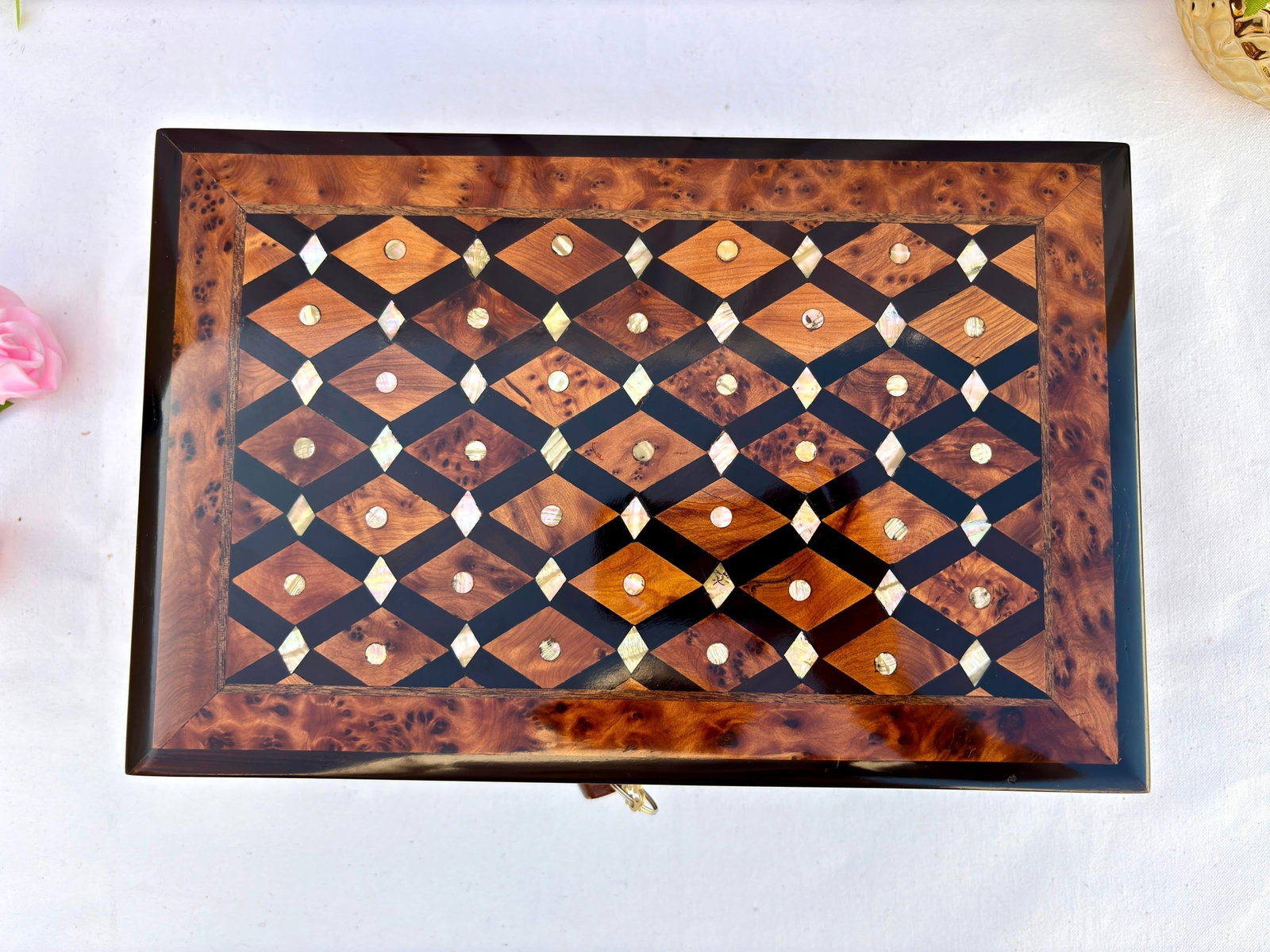 Lockable Thuya Burl Wood Jewelry Box – 12 × 8" - 6