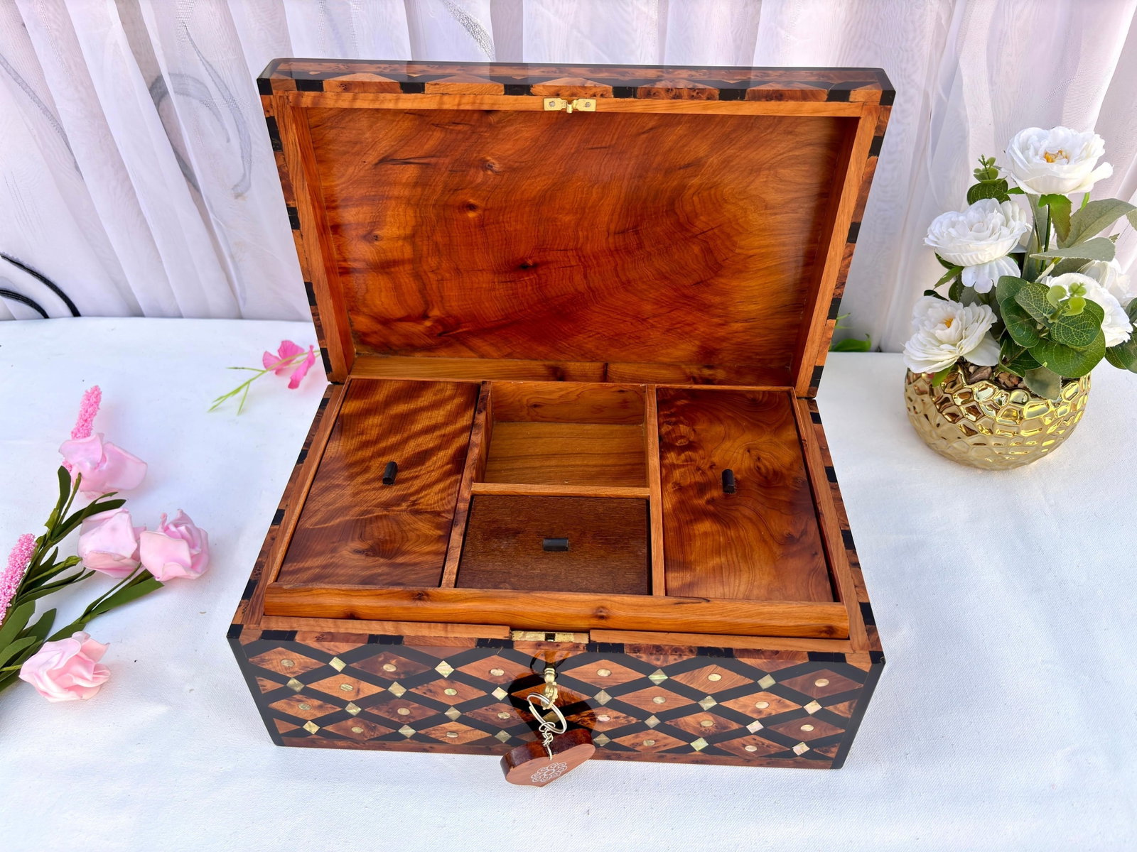 Lockable Thuya Burl Wood Jewelry Box – 12 × 8" - 7