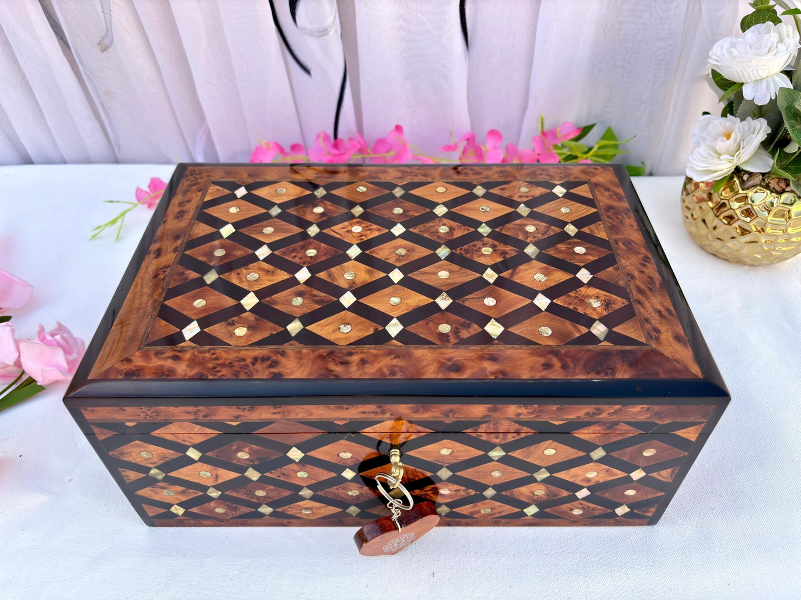 Lockable Thuya Burl Wood Jewelry Box – 12 × 8" - 9