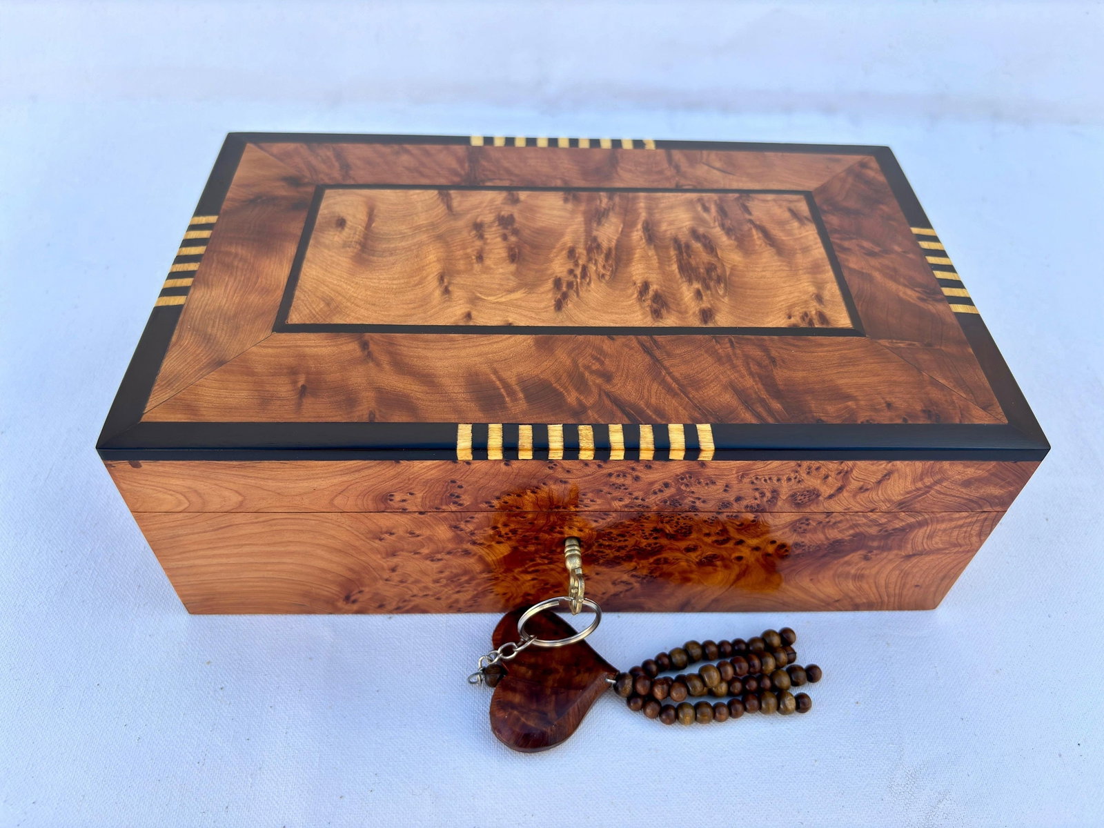 Lockable Thuya Burl Wood Jewelry Box – 10 × 6" - 4