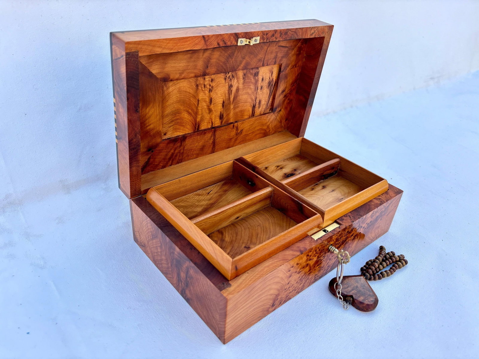 Lockable Thuya Burl Wood Jewelry Box – 10 × 6" - 5