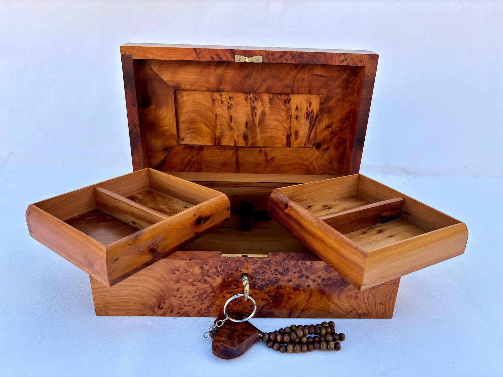 Lockable Thuya Burl Wood Jewelry Box – 10 × 6" - 9
