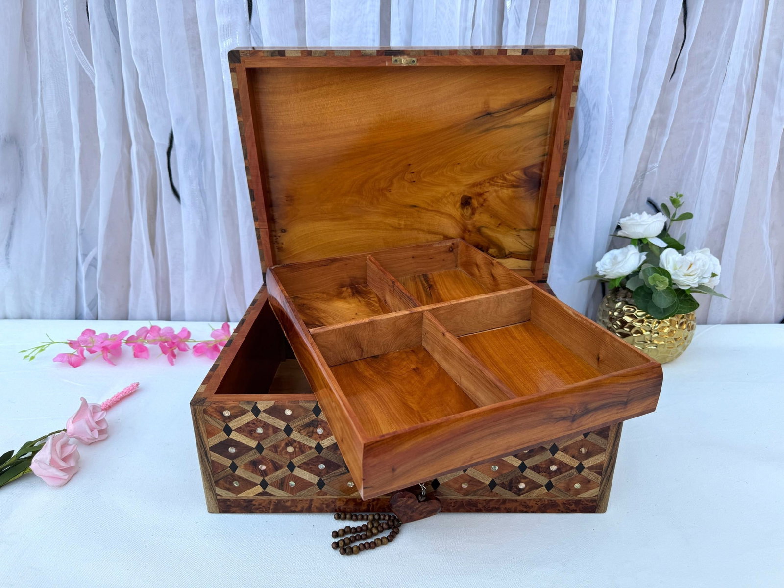 Lockable Thuya Burl Wood Jewelry Box – 10 × 7" - 7