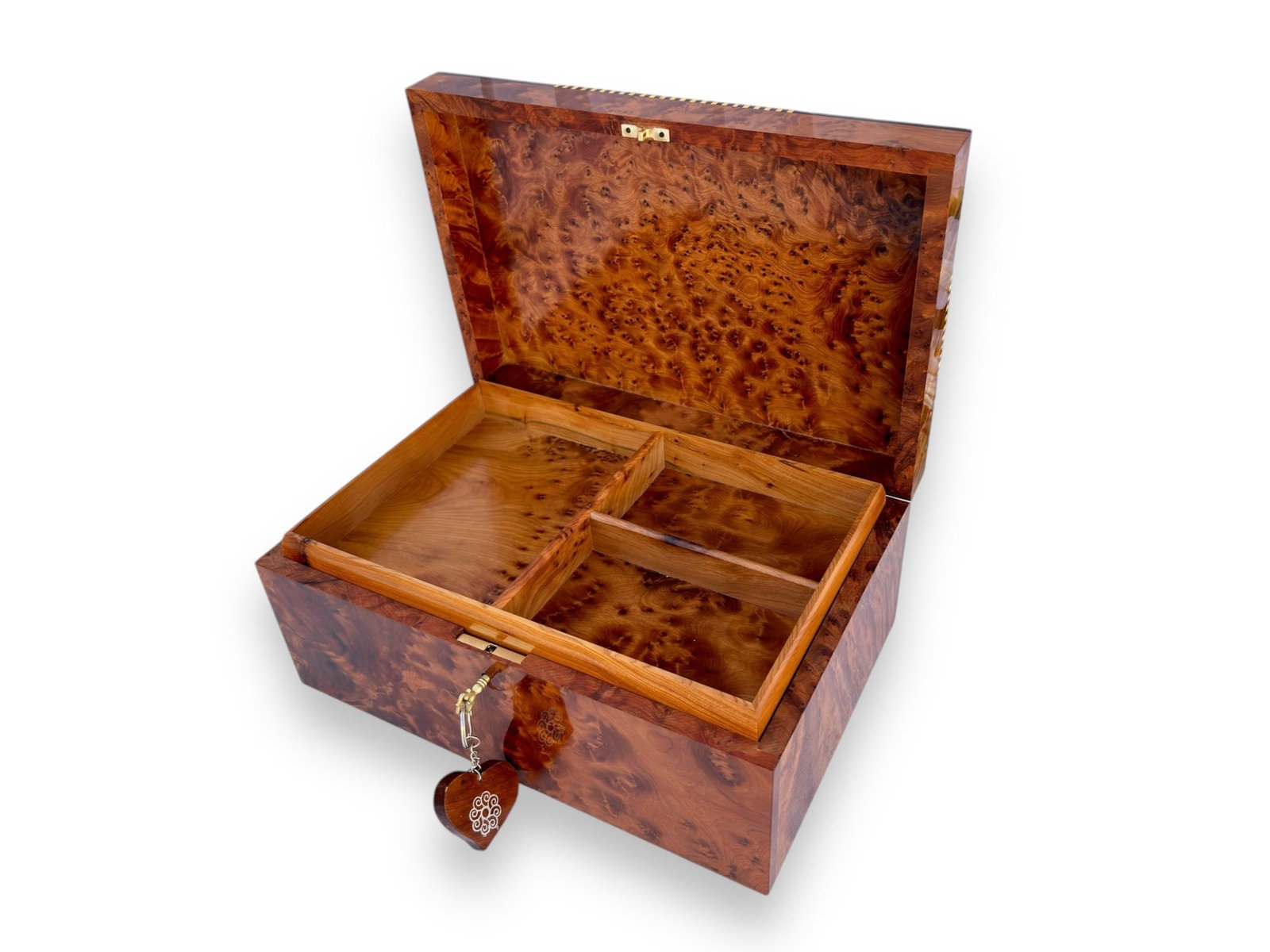 Lockable Thuya Burl Wood Jewelry Box – 12 × 8" - 2