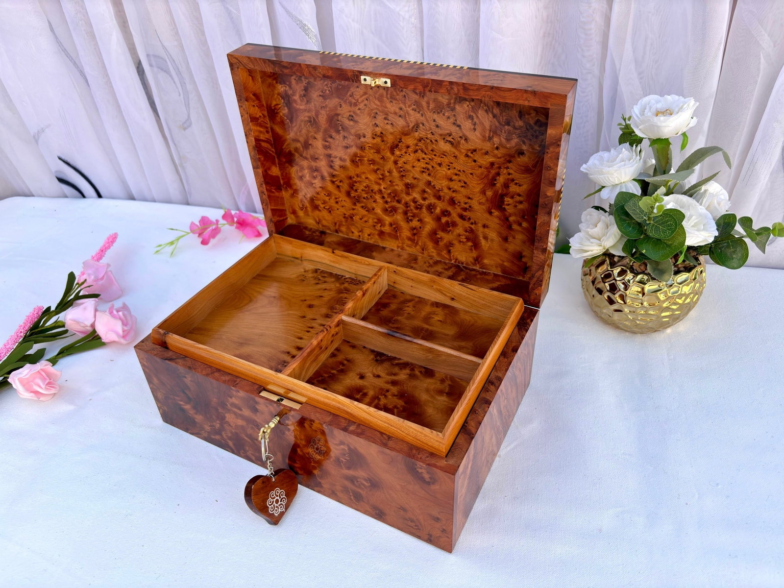 Lockable Thuya Burl Wood Jewelry Box – 12 × 8" - 4