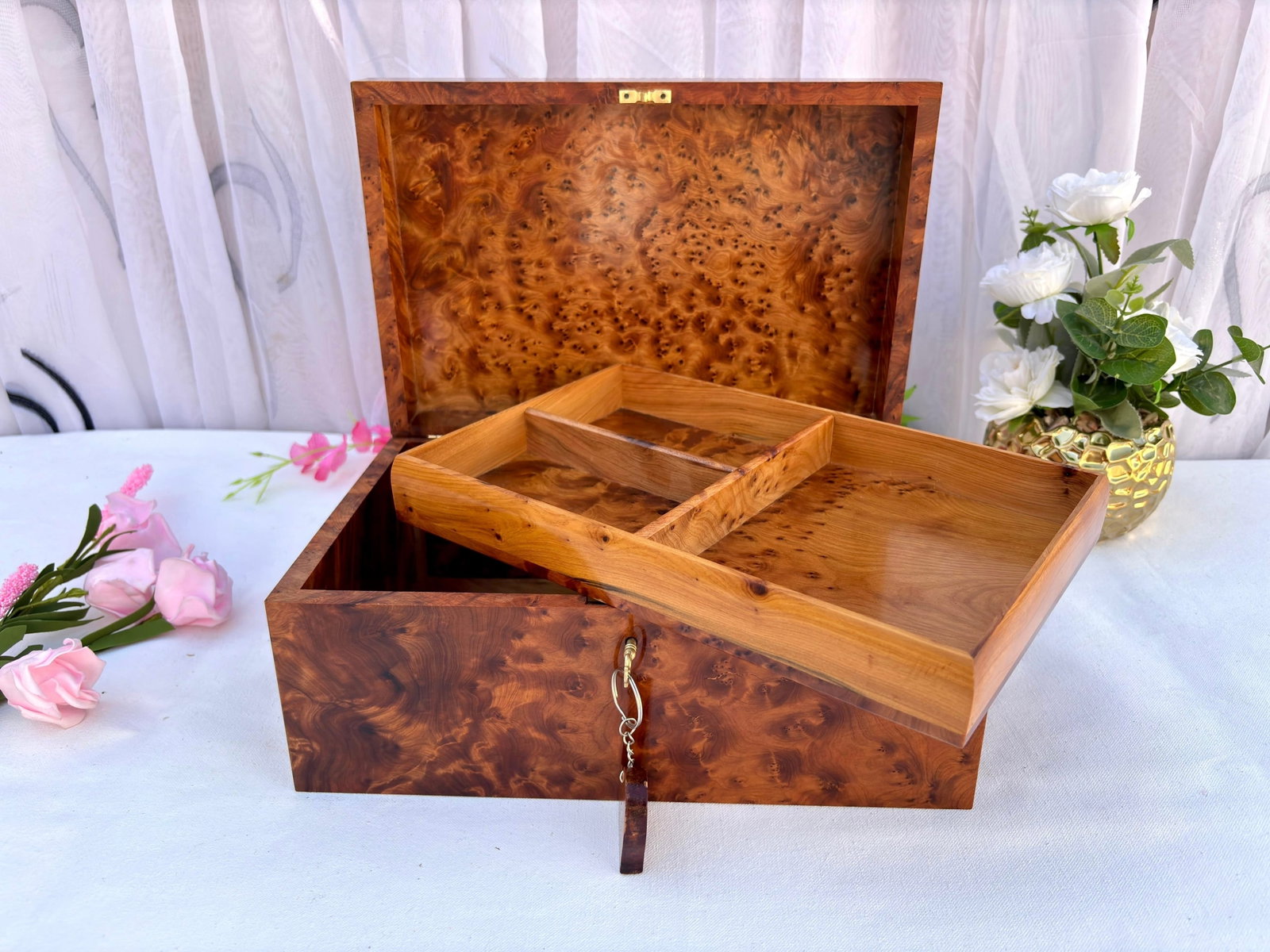 Lockable Thuya Burl Wood Jewelry Box – 12 × 8" - 6