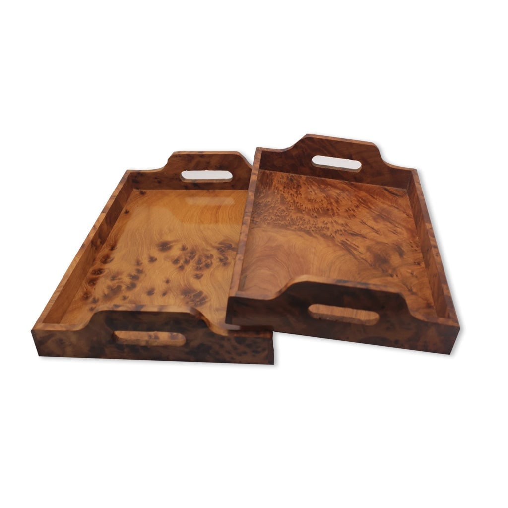 Handcrafted Thuya Wood Trays – Set of 2: Thuya Wood Tray Set of 2 is a carefully crafted piece combining practical function with a distinctive, timeless design. Measurements: Length: 26.5 cm; Length: 29.5 cm; Width: 18.5 cm; Width: 20.5 cm;