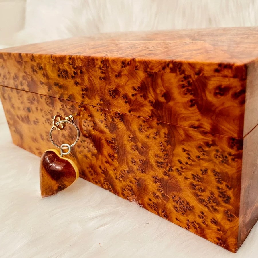 Lockable Thuya Burl Wood Jewelry Box – 12" × 8" × 4" - 2