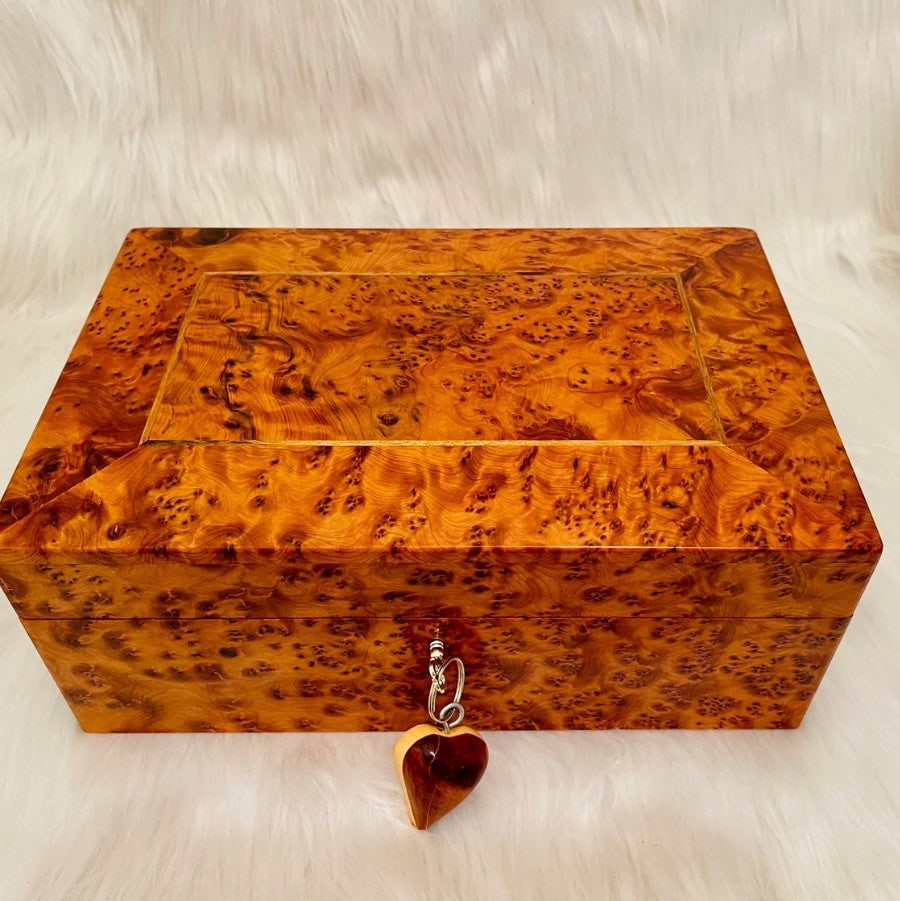 Lockable Thuya Burl Wood Jewelry Box – 12" × 8" × 4" - 4