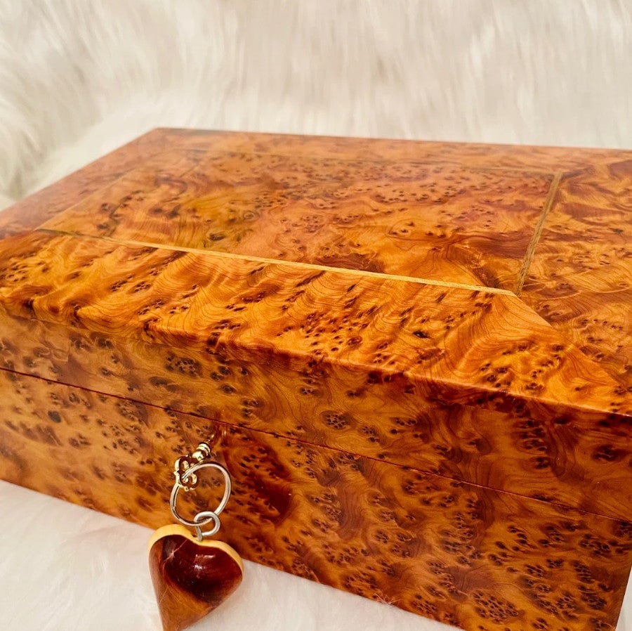 Lockable Thuya Burl Wood Jewelry Box – 12" × 8" × 4" - 6